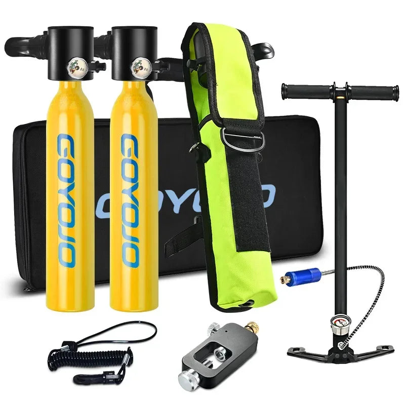 Twin 0.5 Liter (3.53 cuft) Self Fill Mini Scuba Cylinder Set with High Pressure Stirrup Pump and Cylinder Fill Adapter