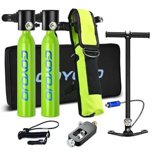 Twin 0.5 Liter (3.53 cuft) Self Fill Mini Scuba Cylinder Set with High Pressure Stirrup Pump and Cylinder Fill Adapter
