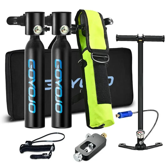 Twin 0.5 Liter (3.53 cuft) Self Fill Mini Scuba Cylinder Set with High Pressure Stirrup Pump and Cylinder Fill Adapter